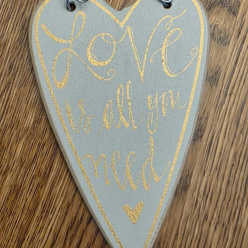 Rustic Wood White Heart Wall Hanging Ornament Love Is All You‎ Need Gold Script